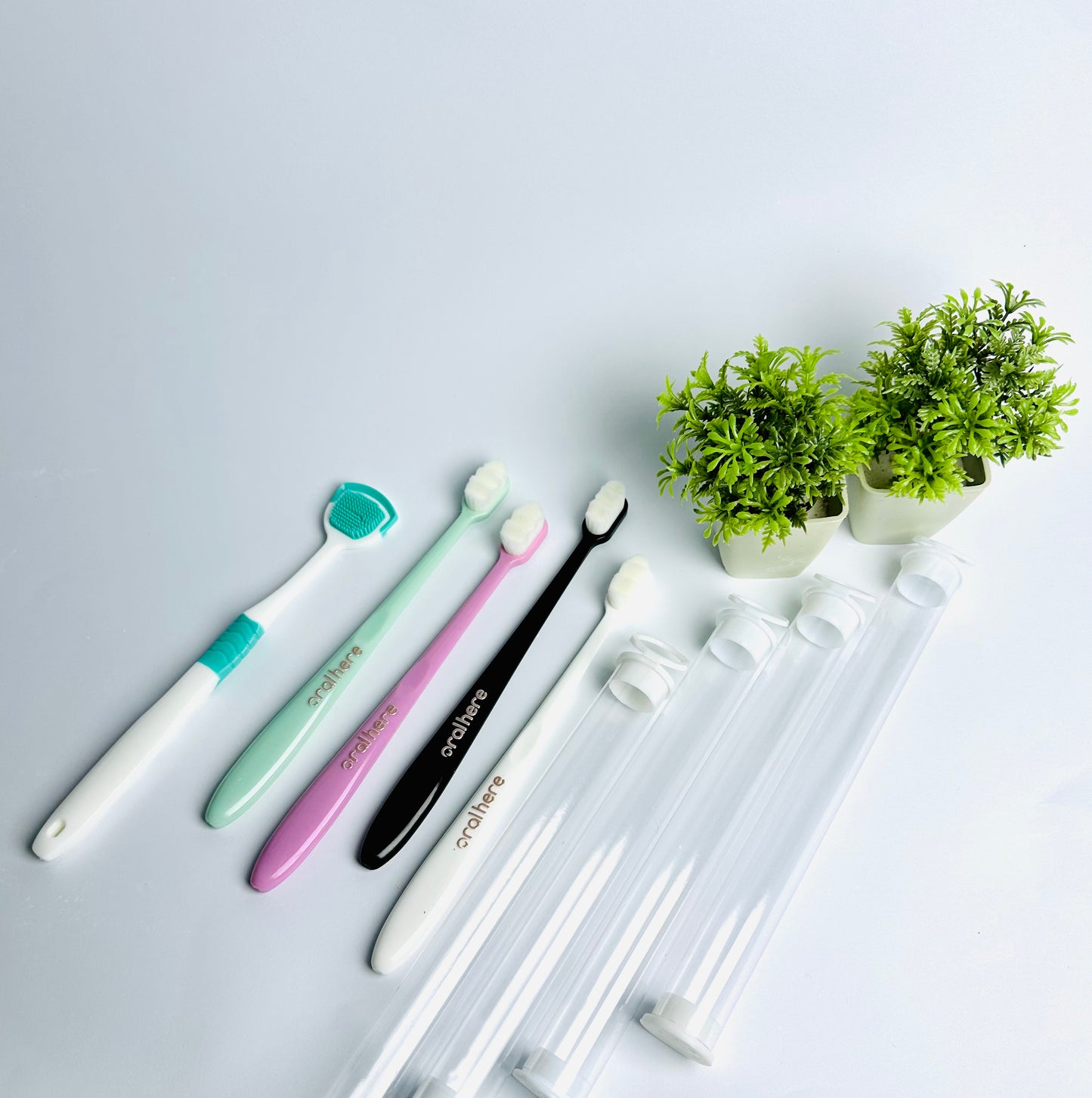 Oral Here 4 Pcs Nano Toothbrush Bundle (With Travel Case) + FREE Tongue Cleaner – Oral Protect