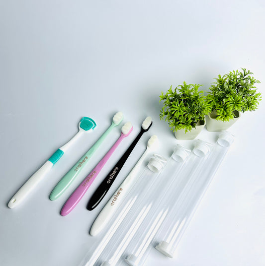 Oral Here 4 Pcs Nano Toothbrush Bundle (With Travel Case) + FREE Tongue Cleaner – Oral Protect