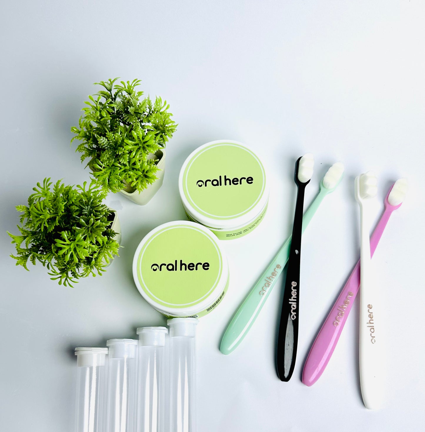 Oral Here Family Care Pack – 2 Teeth Whitening Powder + 4 Nano Toothbrushes With Travel Case + FREE Tongue Cleaner