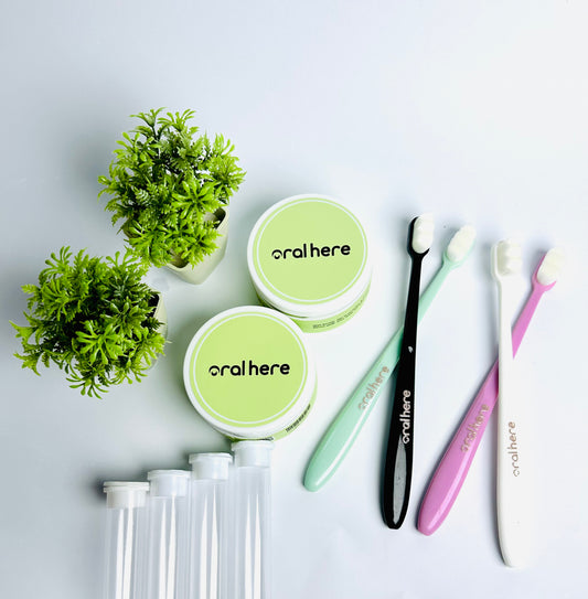 Oral Here Family Care Pack – 2 Teeth Whitening Powder + 4 Nano Toothbrushes With Travel Case + FREE Tongue Cleaner